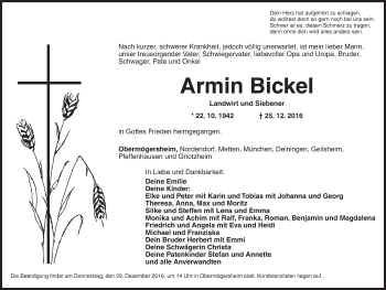 Traueranzeige von Armin Bickel von Dinkelsbühl/ Feuchtwangen