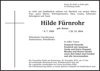 Traueranzeige von Hilde Fürnrohr von Dinkelsbühl/ Feuchtwangen