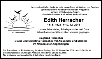 Traueranzeige von Edith Herrscher von Ansbach