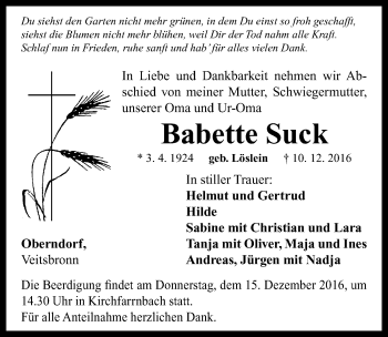 Traueranzeige von Babette Suck von Neustadt/ Scheinfeld/ Uffenheim