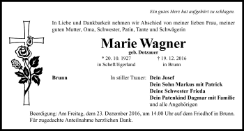 Traueranzeige von Marie Wagner von Neustadt/ Scheinfeld/ Uffenheim