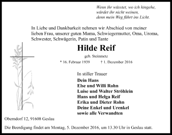 Traueranzeige von Hilde Reif von Rothenburg