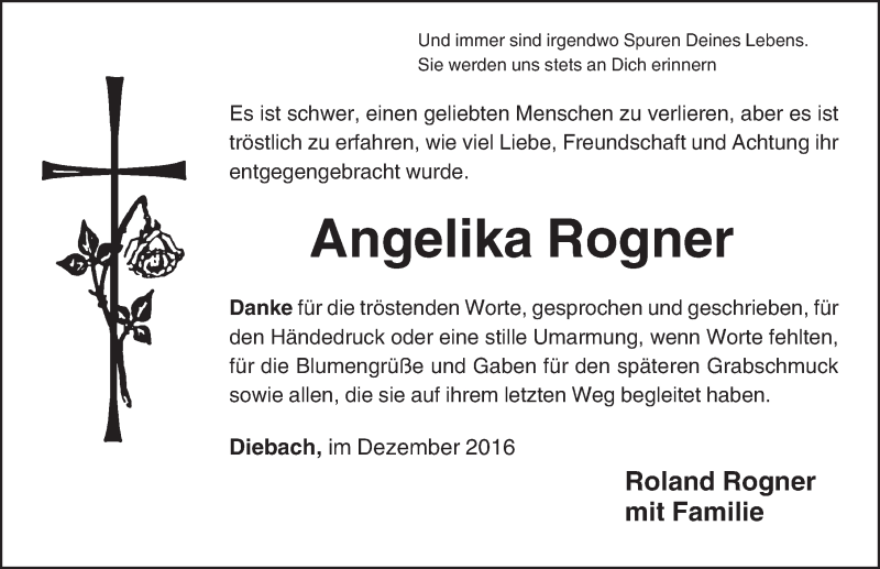  Traueranzeige für Angelika Rogner vom 30.12.2016 aus Rothenburg