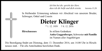 Traueranzeige von Dieter Klinger von Neustadt/ Scheinfeld/ Uffenheim