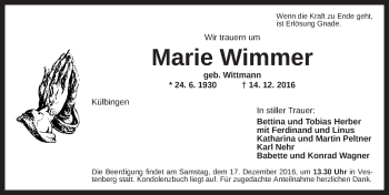 Traueranzeige von Marie Wimmer von Ansbach