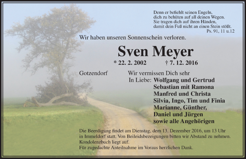  Traueranzeige für Sven Meyer vom 10.12.2016 aus Ansbach