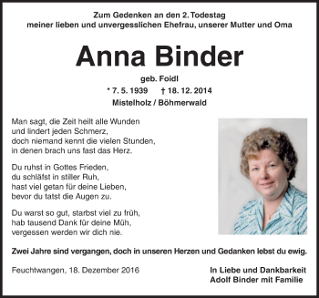 Traueranzeige von Anna Binder von Dinkelsbühl/ Feuchtwangen