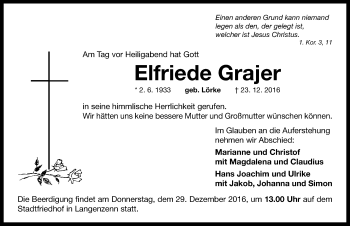 Traueranzeige von Elfriede Grajer von Neustadt/ Scheinfeld/ Uffenheim