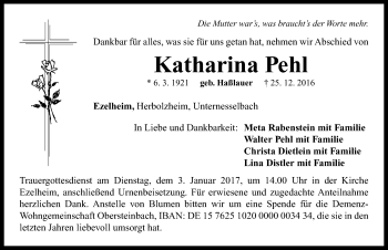 Traueranzeige von Katharina Pehl von Neustadt/ Scheinfeld/ Uffenheim