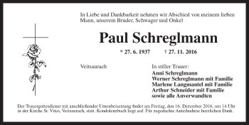 Traueranzeige von Paul Schreglmann von Ansbach