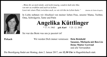 Traueranzeige von Angelika Küttlinger von Neustadt/ Scheinfeld/ Uffenheim