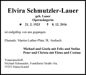 Traueranzeige von Elvira Schmutzler-Lauer von Ansbach