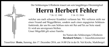 Traueranzeige von Herbert Fehler von Neustadt/ Scheinfeld/ Uffenheim