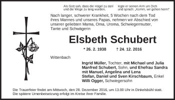 Traueranzeige von Elsbeth Schubert von Dinkelsbühl/ Feuchtwangen