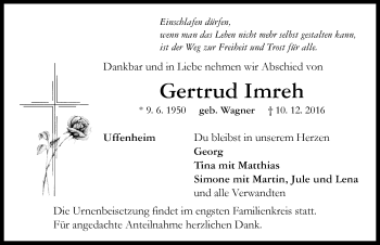 Traueranzeige von Gertrud Imreh von Neustadt/ Scheinfeld/ Uffenheim