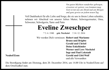 Traueranzeige von Eveline Zweschper von Neustadt/ Scheinfeld/ Uffenheim