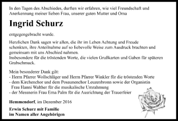 Traueranzeige von Ingrid Schurz von Rothenburg