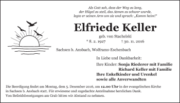 Traueranzeige von Elfriede Keller von Ansbach