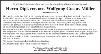 Traueranzeige von Wolfgang Gustav Müller von Gesamtausgabe