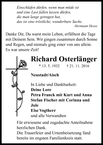 Traueranzeige von Richard Osterlänger von Neustadt/ Scheinfeld/ Uffenheim