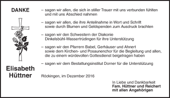 Traueranzeige von Elisabeth Hüttner von Dinkelsbühl/ Feuchtwangen