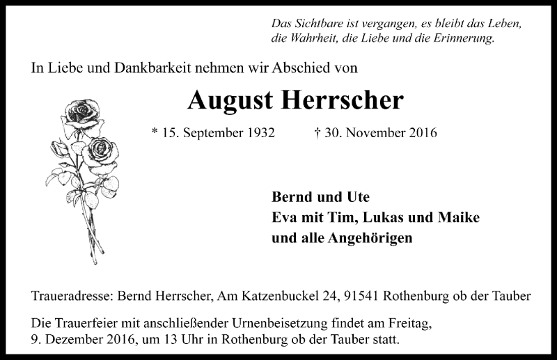  Traueranzeige für August Herrscher vom 06.12.2016 aus Rothenburg