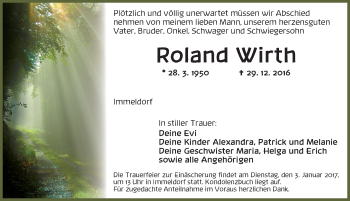 Traueranzeige von Roland Wirth von Ansbach