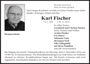 Traueranzeige von Karl Fischer von Neustadt/ Scheinfeld/ Uffenheim