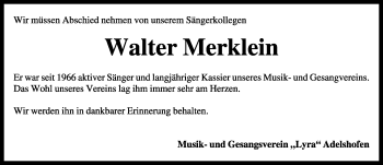 Traueranzeige von Walter Merklein von Rothenburg