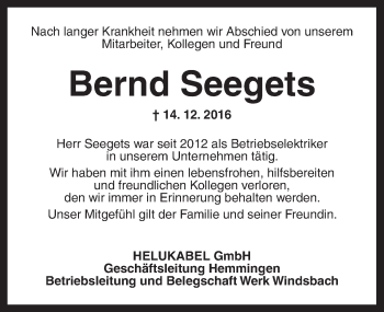 Traueranzeige von Bernd Seegets von Ansbach