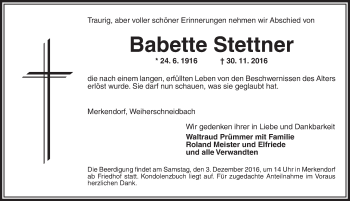 Traueranzeige von Babete Stettner von Ansbach