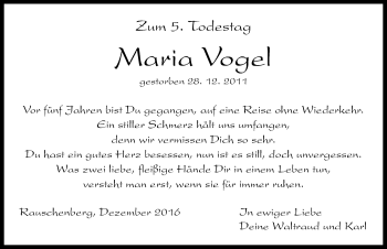 Traueranzeige von Maria Vogel von Neustadt/ Scheinfeld/ Uffenheim