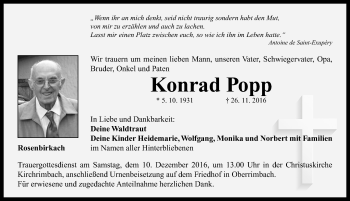 Traueranzeige von Konrad Popp von Neustadt/ Scheinfeld/ Uffenheim