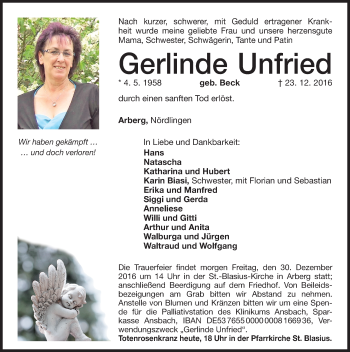 Traueranzeige von Gerlinde Unfried von Ansbach