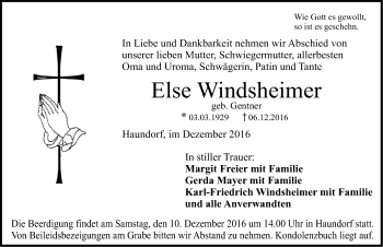 Traueranzeige von Else Windsheimer von Dinkelsbühl/ Feuchtwangen