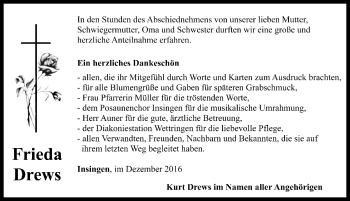 Traueranzeige von Frieda Drews von Rothenburg