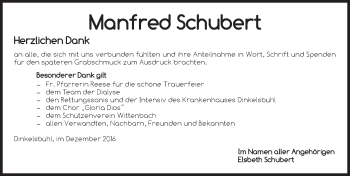 Traueranzeige von Manfred Schubert von Dinkelsbühl/ Feuchtwangen