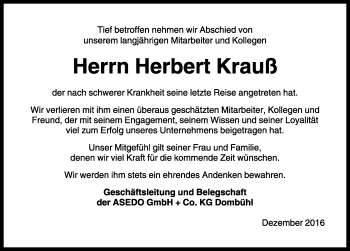 Traueranzeige von Herbert Krauß von Ansbach