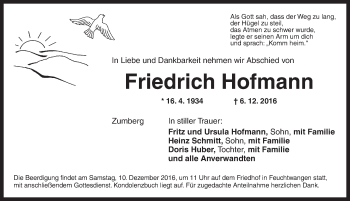 Traueranzeige von Friedrich Hofmann von Dinkelsbühl/ Feuchtwangen