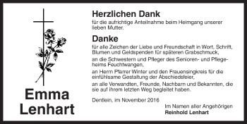 Traueranzeige von Emma Lenhart von Dinkelsbühl/ Feuchtwangen