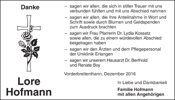 Traueranzeige von Lore Hofmann von Dinkelsbühl/ Feuchtwangen