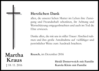 Traueranzeige von Martha Kraus von Neustadt/ Scheinfeld/ Uffenheim