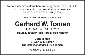 Traueranzeige von Gerhard W. Toman von Ansbach