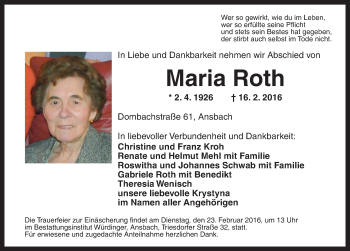 Traueranzeige von Maria Roth von Ansbach