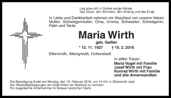 Traueranzeige von Maria Wirth von Rothenburg