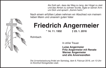 Traueranzeige von Friedrich Angermeier von Dinkelsbühl/ Feuchtwangen