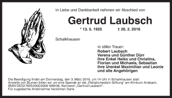 Traueranzeige von Gertrud Laubsch von Ansbach