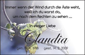 Traueranzeige von Claudia  von Neustadt/ Scheinfeld/ Uffenheim