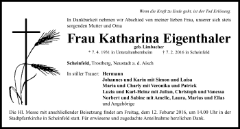 Traueranzeige von Katharina Eigenthaler von Neustadt/ Scheinfeld/ Uffenheim