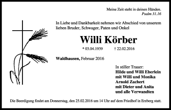 Traueranzeige von Willi Körber von Rothenburg